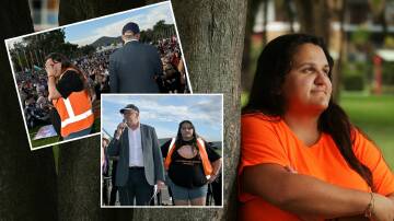 Sarah Williams, founder of What Were You Wearing, Australia, photographed in Newcastle in March 2023. Picture by Simone De Peak. Inset, Sarah Williams with Prime Minister Anthony Albanese at the national rally against violence. Pictures by Mick Tsikas