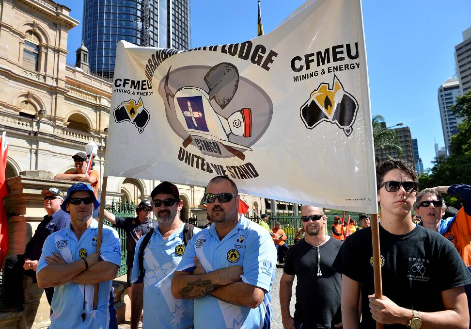 Queensland miners and union members protest for workers rights and the treatment of victims of Black Lung disease on April 20, 2016 in Brisbane.There have been more recent cases of black lung disease in that state. (Photo by Bradley Kanaris/Fairfax Media)