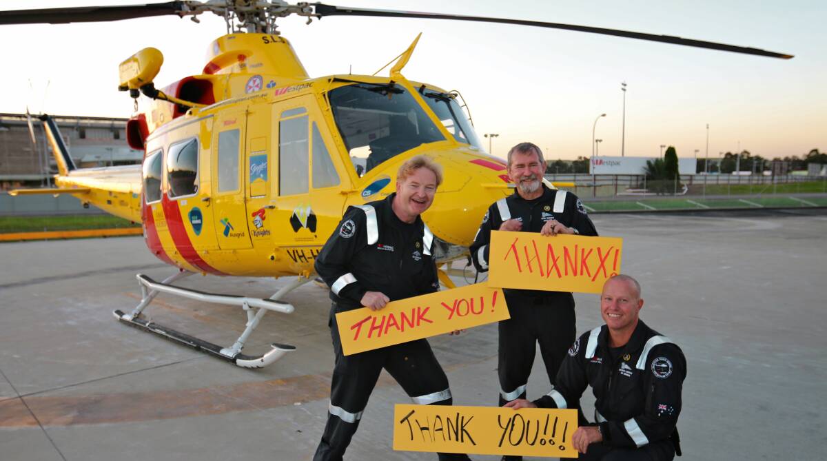 Grateful: Westpac Rescue Helicopter Service pilot Kevin Ratcliffe with crewmen Peter Cummings and Nathan Langham thank the community for its support.