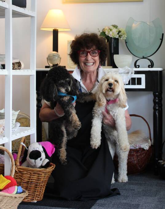 Furry friends: Care For Pets founder Neroli Sneddon at the Boolaroo charity shop with Cooper and Cassie, two dogs she is fostering under the program.