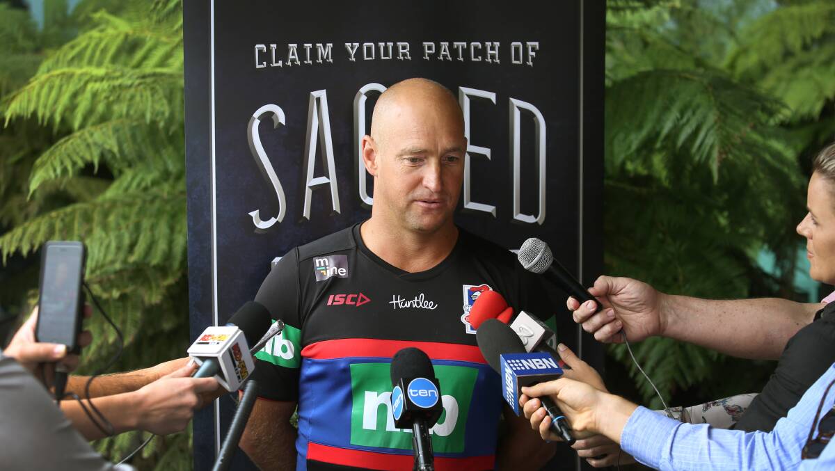 QUESTION TIME: Knights coach Nathan Brown faces the media. Picture: Marina Neil
