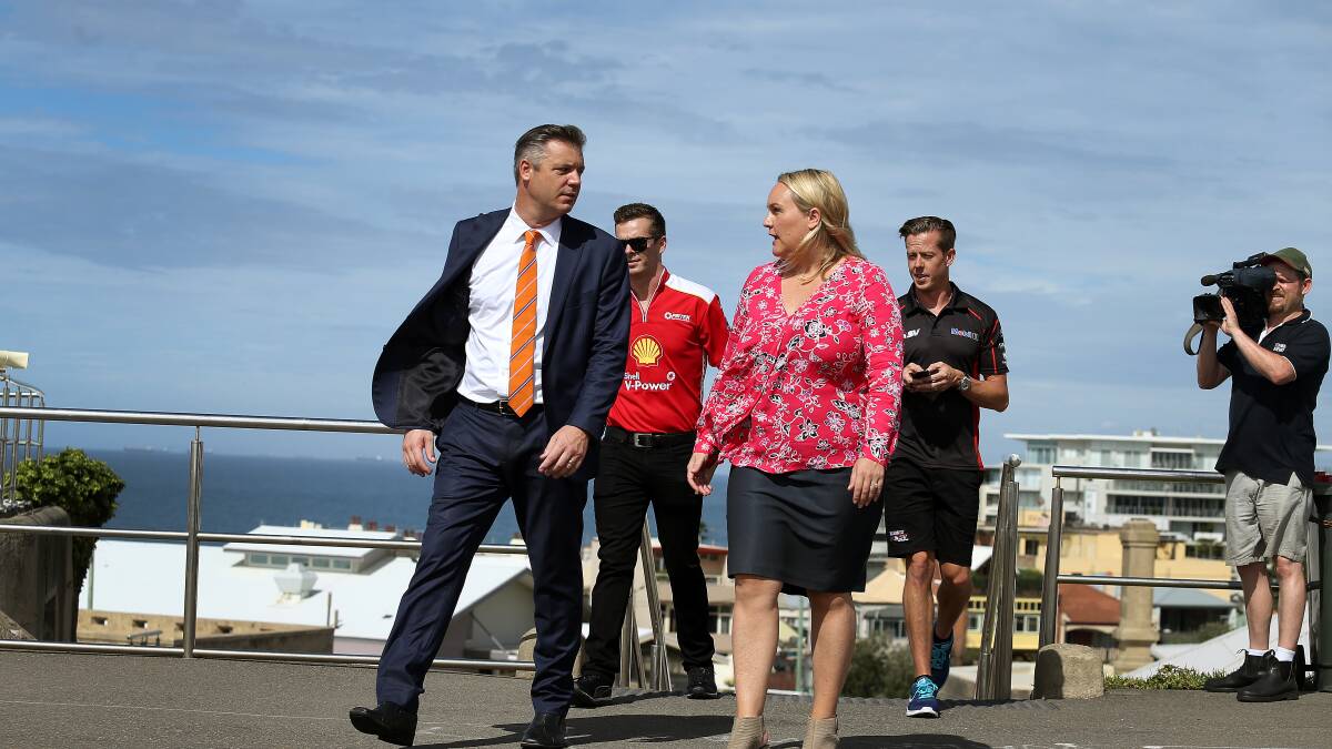 Supercars chief executive James Warburton with Newcastle Lord Mayor Nuatali Nelmes at Fort Scratchley last week. PICTURE: Marina Neil