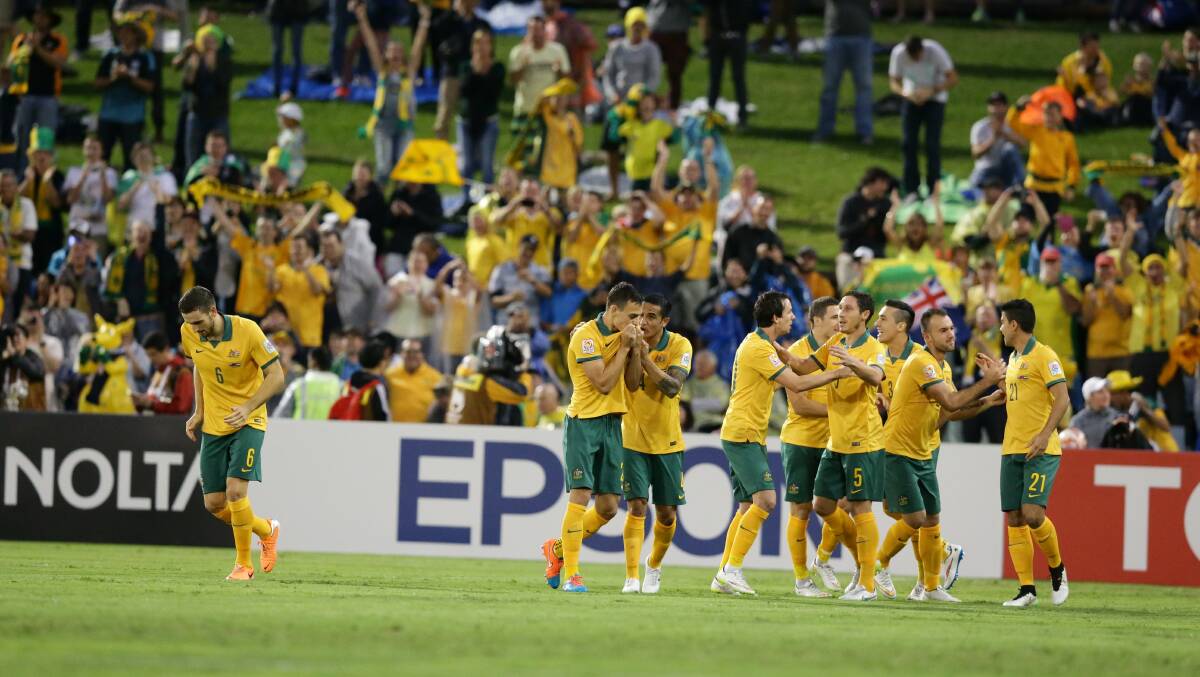 HOST CITY: The Socceroos celebrate a goal against United Arab Emirates in an Asian Cup match played at Hunter Stadium in January, 2015.
