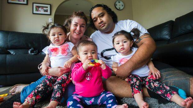 This Canberra family is pleased with the healthcare and childcare announcements included in the 2017 federal budget. Bec Leala, Jeremy Leala, twins Nevaeh and Amarley, and Cadence. Photo: Dion Georgopoulos