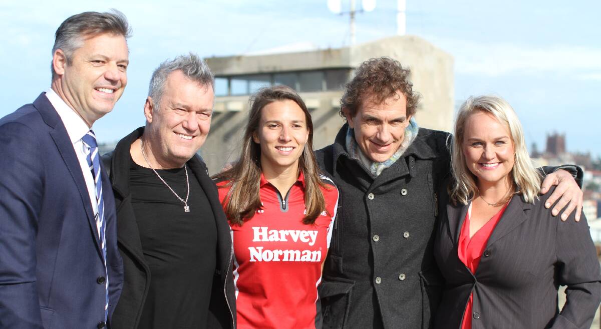 REVVED UP: Supercars CEO James Warburton, Jimmy Barnes, Supercars driver Simona de Silvestro,  guitarist Ian Moss and  Nuatali Nelmes at Fort Scratchley.
