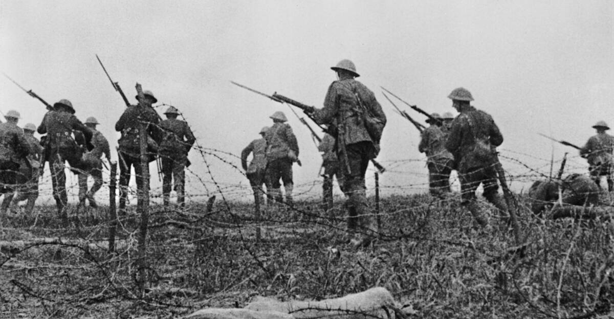 With bayonets fixed, soldiers advance cautiously across no-man's-land in World War I. Picture Supplied