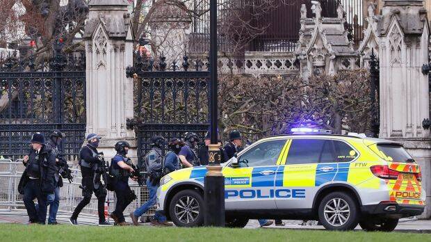 Armed police officers enter the Houses of Parliament in London. Photo: AP