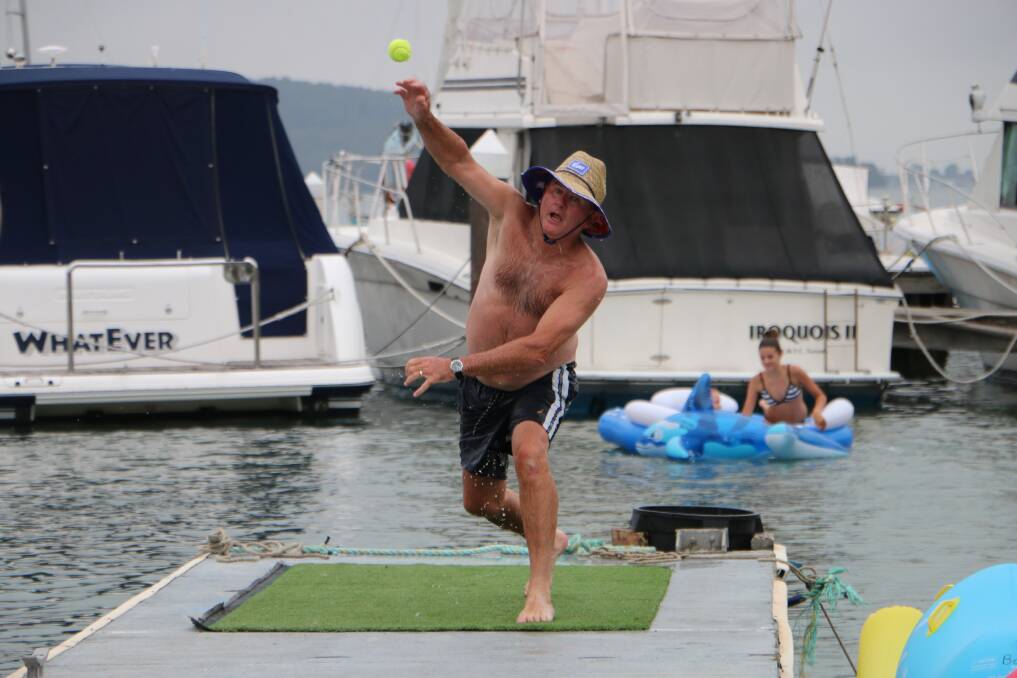 FAST BALL: The Boat People XI attack turns up the heat on the Anglers XI batsmen in the Pontoon Cricket Challenge match at Royal Motor Yacht Club, Toronto, this morning. Picture: David Stewart