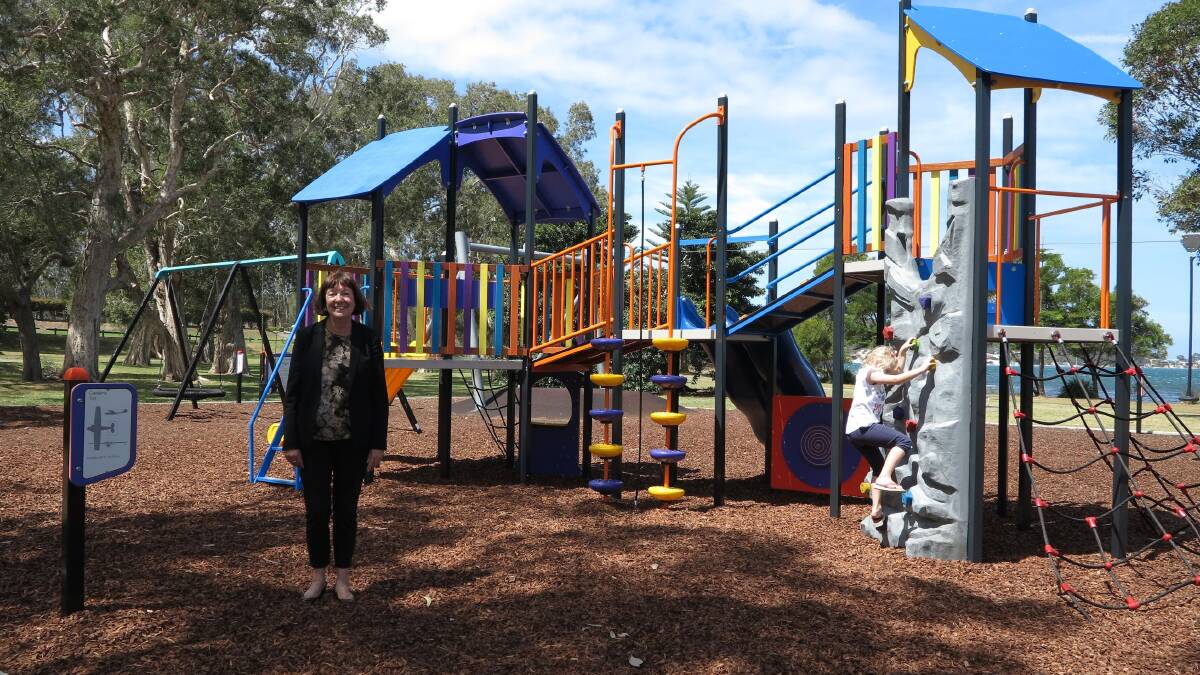 TEST RUN: Lake Macquarie Mayor Kay Fraser at Rathmines Park, where new play equipment has been installed after an arson attack. 