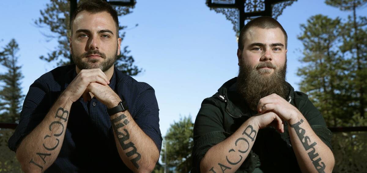 UNFORGOTTEN: Josh (left) and Liam Hewitt have their brother's name Jacob tattooed to their arms, along with each other's names.  