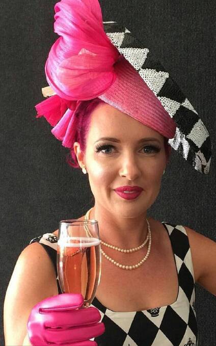 RACE DAY: Laura Jones models a Jodie Louise Thompson hat she wore when she reached the top 10 in fashions on the field at the Newcastle Gold Cup 2016.