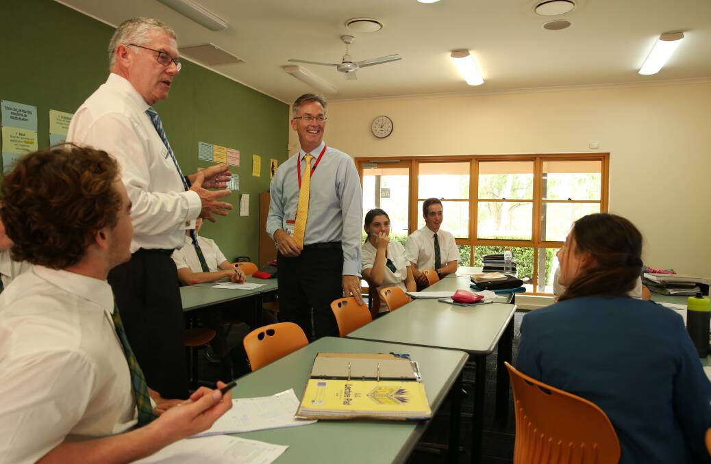 Principal Paul Teys (left) said the school was "honoured and abuzz" to host David de Carvalho. Mr Teys suggested online courses could help students in regional areas have access to a wider range of subjects. Pictures: Simone De Peak
