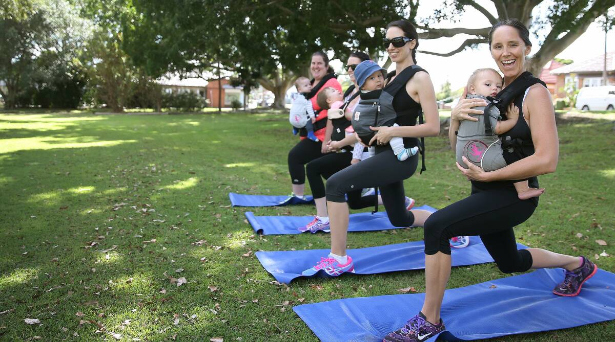 BONUS: Rebecca Smaus with her Kangatraining exercise group, where she can keep baby Willow close at all times. Picture: Marina Neil