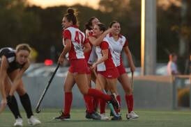 Oxfords celebrate a goal during last year's grand final at Newcastle International Hockey Centre. Picture by Marina Neil