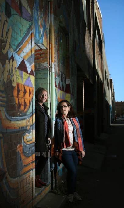 Time to act: Natalie Engdahl and Leah Fawthorp with some of Newcastle's public art in Beresford Lane, Newcastle West. Picture: Marina Neil