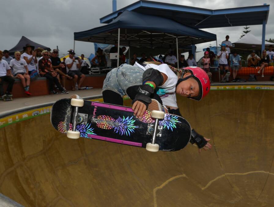 OUTDOOR FUN: Eight-year-old Ruby Trew from the Northern Beaches at Bar Beach Skate Park over the weekend. Sometimes seeing other kids in action can inspire others. Picture: Jonathan Carroll