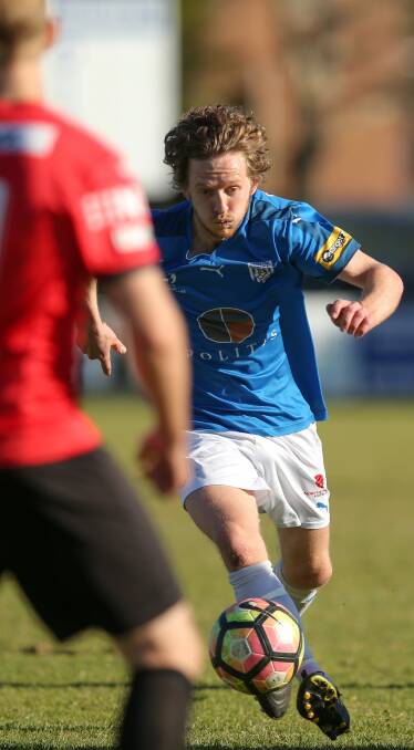 Hamilton's Daniel Bird goes on the attack in their NNSW NPL clash with Edgeworth at Darling Street Oval on July 16.