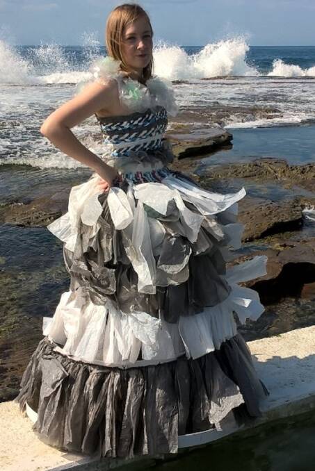 TRANSFORMATION: Cathy Stuart won the Old Waste, New Art senior prize last year after using plastic bags, tags, and Venetian blinds to make this dress.