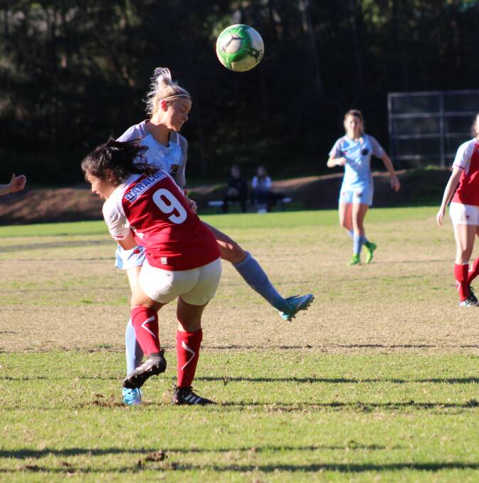 Warners Bay player Sophie Stapleford heads the ball in NNSW WPL against Merewether at Myamblah Oval on July 16.
