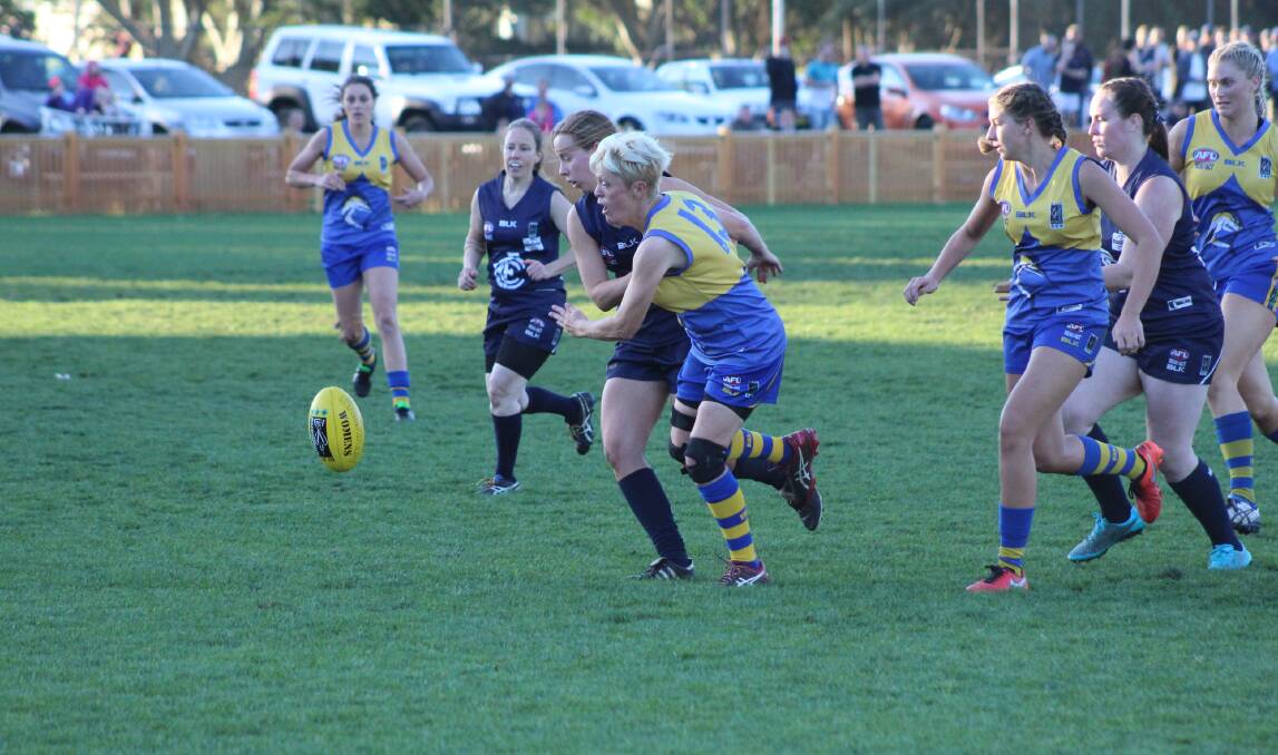 PHYSICAL: Newcastle City's Meaghan MacDonald tussles with Nelson Bay's Emma Chester as they vie for the ball in last year's Black Diamond AFL women's grand final.