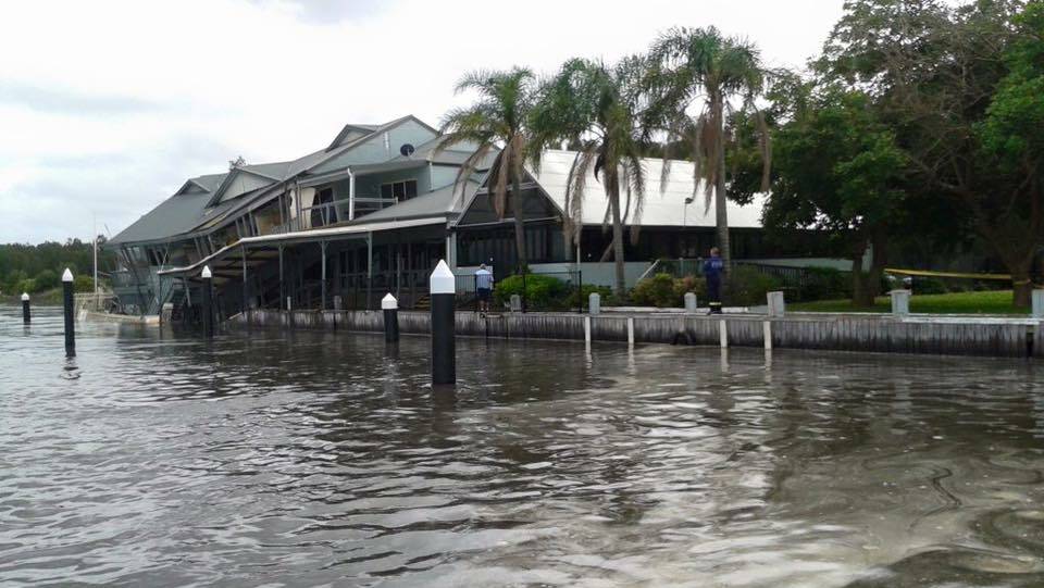 WATER WORRIES: A section of Pelican restaurant Milanos On the Lake collapsed into Lake Macquarie about 9.30am on Monday. Picture: Marine Rescue NSW