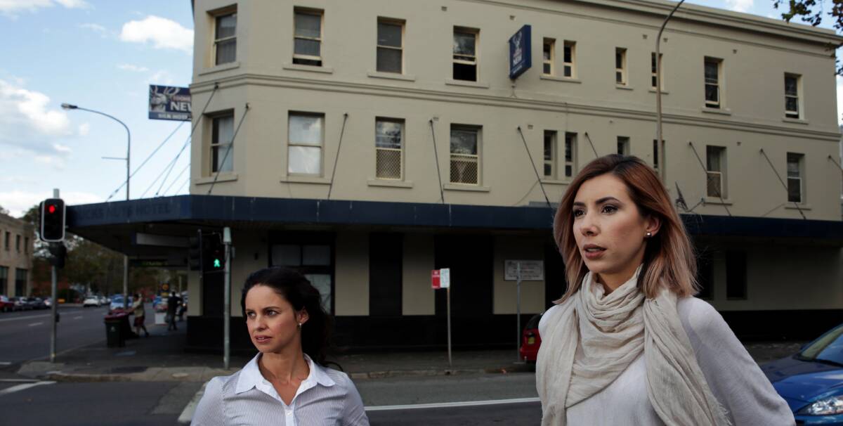 Concerned: VOCAL support workers Kerrie Thompson (left) and Rachael Garrick outside the Silk Hotel in Newcastle. Even the hotel's owner said it was not "ideal" for women because it was primarily for men. Picture: Simone de Peak.