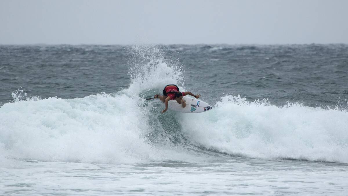 Johanne Defay in action at Birubi Beach on Sunday. Picture: Ethan Smith / Surfing NSW