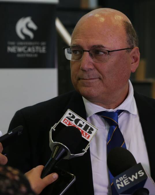 LOOKING FORWARD: Arthur Sinodinos at the University of Newcastle, for his first media conference since being appointed Minister for Industry, Innovation and Science