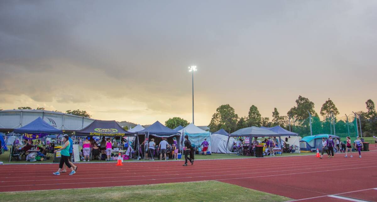 CHANGE AFOOT: Tents line the side of the Hunter Sports Centre track for Relay For Life. Picture: Left of The Middle Photography