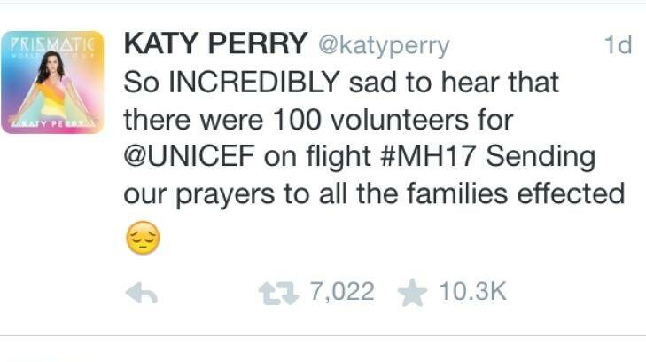 Katy Perry's confusing tweet in support of MH 17 victims.  Photo: Twitter