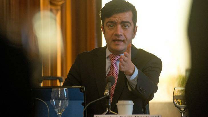 Labor Senator Sam Dastyari at the Melbourne hearing of the Senate inquiry into corporate tax avoidance in April, when the big miners were interrogated on their tax minimisation techniques. Photo: Jesse Marlow
