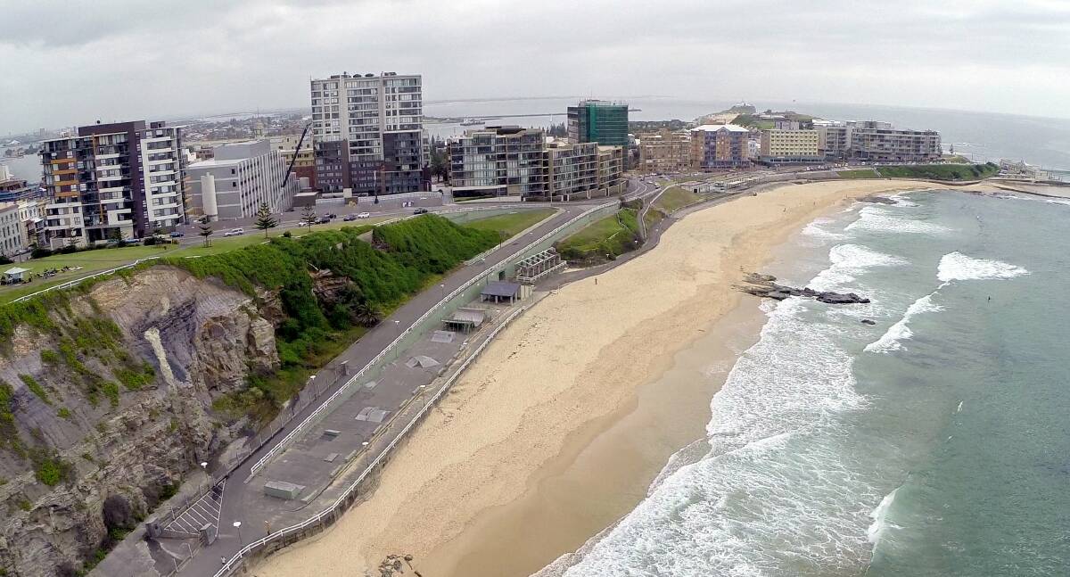Aerial shot of  Newcastle south beach, skate park, Newcastle beach, Bather's Way and Shortland Esplanade. 