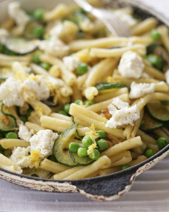 Pasta with zucchini, peas, mint and ricotta <a href="http://www.goodfood.com.au/good-food/cook/recipe/pasta-with-zucchini-peas-mint-and-ricotta-20111019-29v5l.html"><b>(recipe here).</b></a> Photo: Marina Oliphant (Styling by Caro