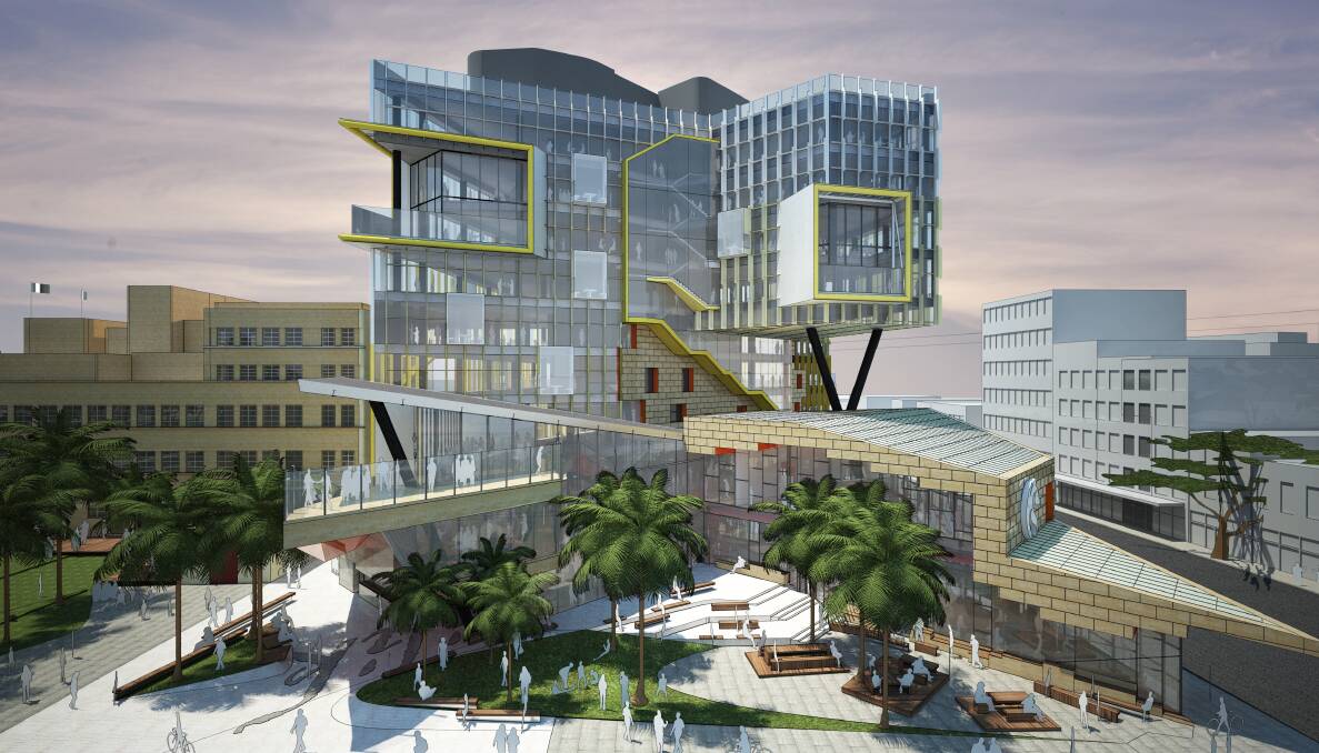 An artist's impression of the new University of Newcastle city campus view over Civic Theatre.