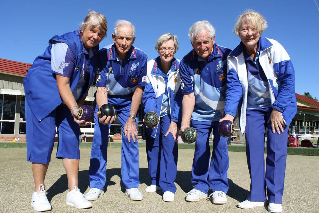 Cardiff Bowling Club members Kay Wahlstedt, John Hill, Brenda and Wal Ott, and Nancy Williams.