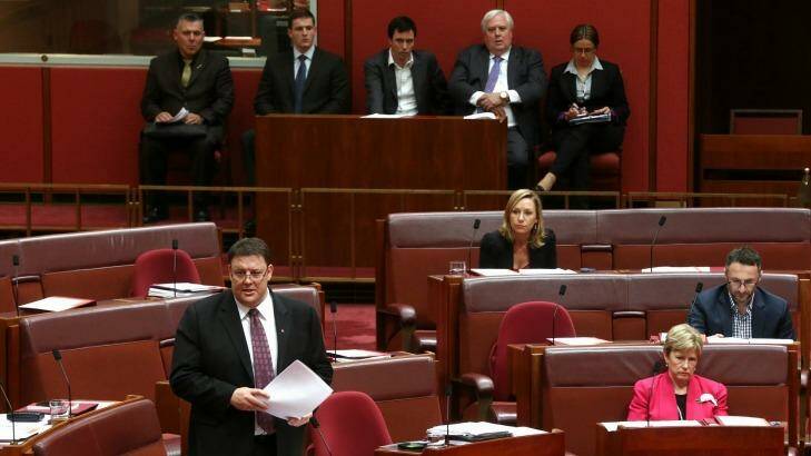 PUP leader Clive Palmer is in the Senate to hear Senator Glenn Lazarus speak on the mining tax. Photo: Alex Ellinghausen