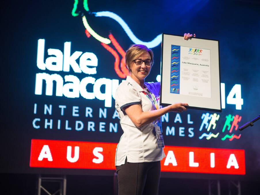 Lake Macquarie mayor Jodie Harrison at the 2014 Lake Macquarie International Children's Games closing ceremony. Picture: Stewart Hazell