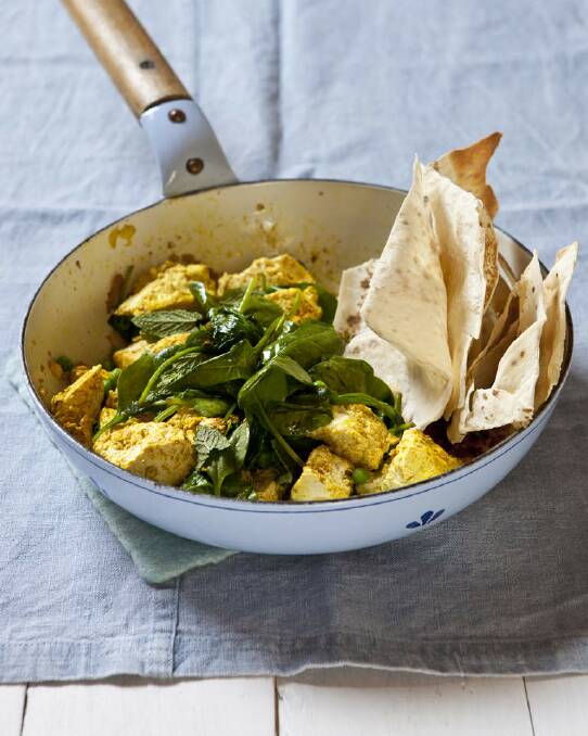 For the vegan mum: Karen Martini's smashed, curried tofu with spinach and peas <a href="http://www.goodfood.com.au/good-food/cook/recipe/scrambled-curried-tofu-with-spinach-and-peas-20130604-2nmyh.html"><b>(Recipe here).</b></a> Photo: Marina Oliphant