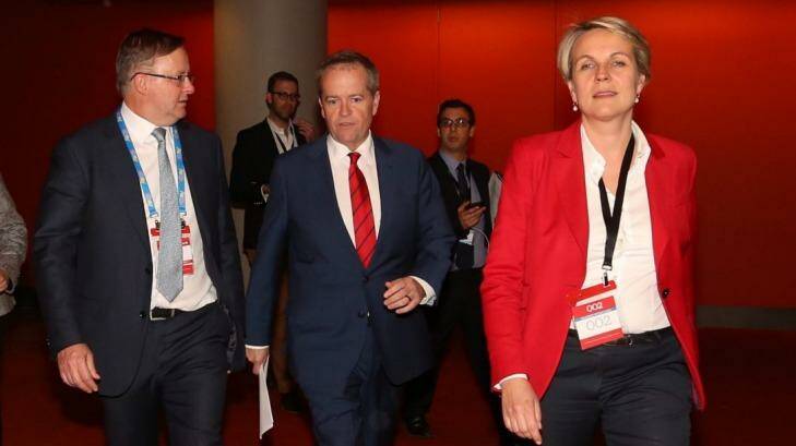 Labor Left figures Anthony Albanese and Tanya Plibersek, pictured flanking party leader Bill Shorten, are believed to have supported the dumping of Kim Carr.  Photo: Andrew Meares
