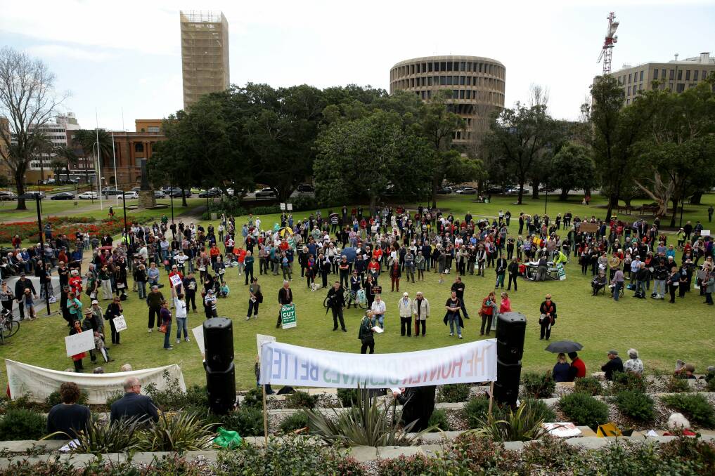 VOICED CONCERNS: Community group members gather at Saturday's Hunter Deserves Better Rally at Civic Park.