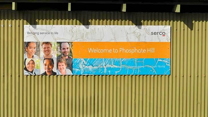 A welcome sign by management company Serco adorns the side of a building at Phosphate Hill Detention Centre on Christmas Island. Photo: Getty Images/Scott Fisher