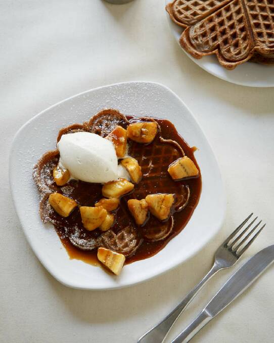For the mum who likes to waffle on (!): Frank Camorra's chocolate waffles with caramel bananas <a href="http://www.goodfood.com.au/good-food/cook/recipe/chocolate-waffles-with-caramel-bananas-and-cinnamon-cream-20141006-3hcv8.html"><b>(Recipe here).</b></a> Photo: Marcel Aucar