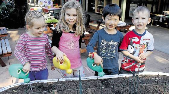 HANDS-ON: Emma Hocking, 4, Sophie Oliver, 5, Joseph Lee, 4, and Cameron McLennan water the Cardiff Early Education and Care Centre's vegetable garden.
