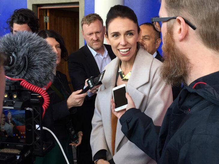 Credit: Luke Malpass
NZ Labour leader Jacinda Ardern (in long grey coat) with local Labour candidate Steph Lewis in the Lower North Island town of Whanganui