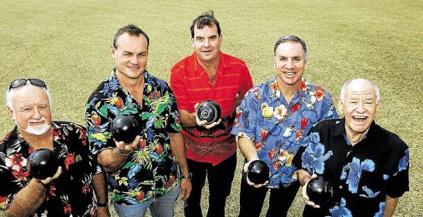 Bob McGregor, Mark Sargent, Dave Land, Michael Hagan and Leigh Maughan support a Hawaiian-themed barefoot bowls triples competition, part of Prostate Cancer Month.