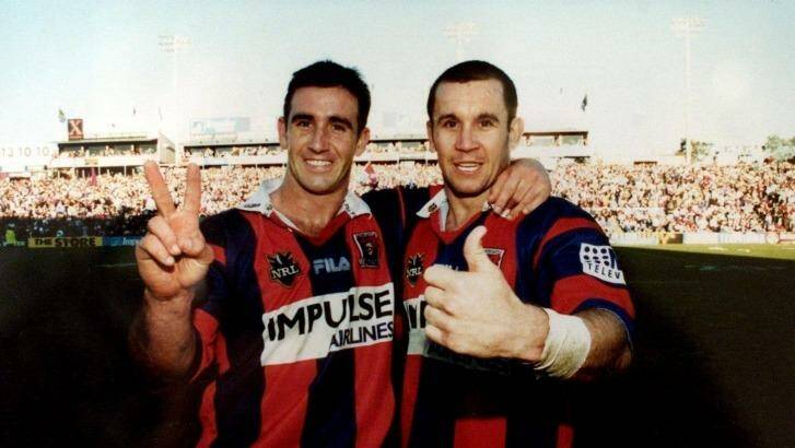 Andrew and Matthew Johns during Matthew's last home game for the Knights.  Photo: Simone De Peak