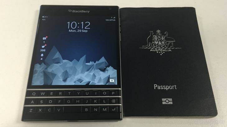 The Blackberry Passport next to an Australian passport. Photo: Ben Grubb