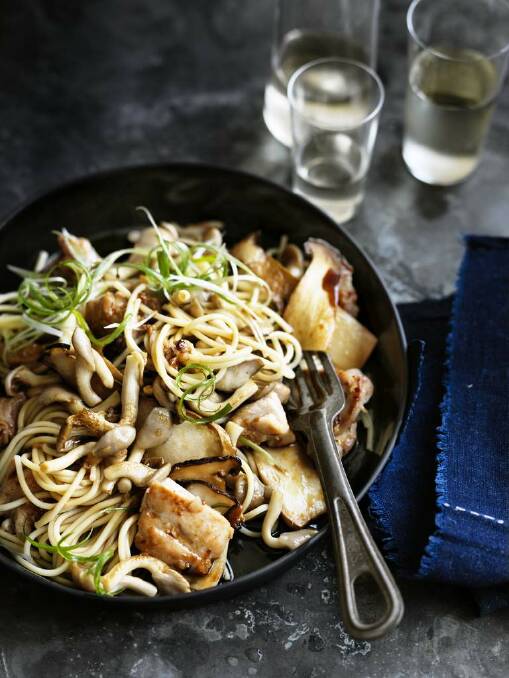 Adam Liaw's Japanese twist on pasta ... spaghetti with chicken, sake, mirin and mushrooms <a href="http://www.goodfood.com.au/good-food/cook/recipe/wafu-spaghetti-with-chicken-and-mushroom-20150422-3ujwm.html"><b>(recipe here).</b></a> Photo: William Meppem
