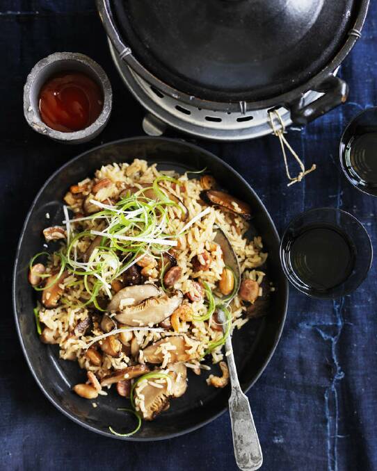 Neil Perry's claypot rice with Chinese sausage, peanuts and shiitake <a href="http://www.goodfood.com.au/good-food/cook/recipe/claypot-rice-with-chinese-sausage-peanuts-and-shiitake-20150504-3vbq0.html"><b>(RECIPE HERE).</b></a> Photo: William Meppem