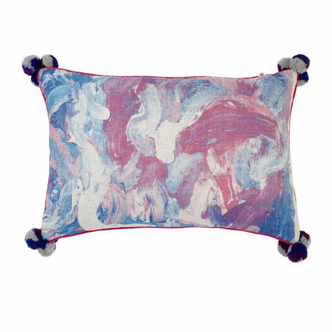 Oil paint swirl cushion in purple and blue, $155, 60cm x 40cm, bonnieandneil.com.au. Photo: Supplied